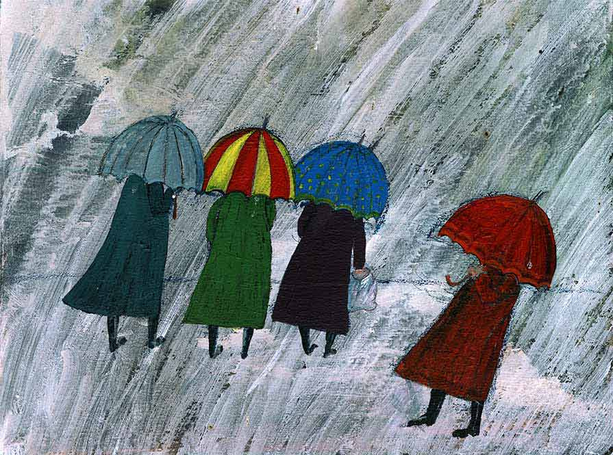 painting of people with umbrellas in the rain by Welsh artist Muriel Williams