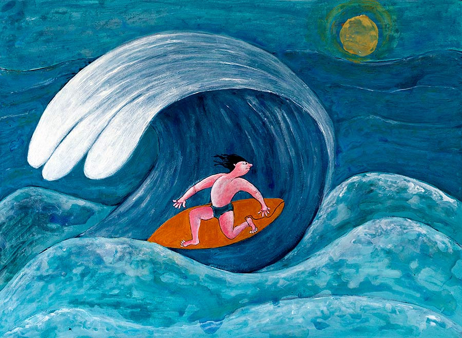 funny painting of a surfer riding a wave by Welsh artist Muriel Williams