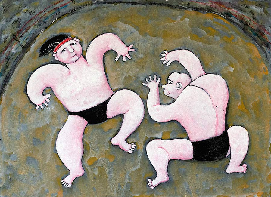 painting of two wrestlers by Welsh artist Muriel Williams
