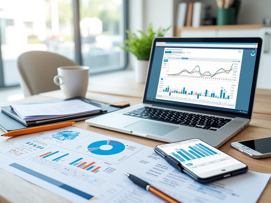 Mesa de escritório com laptop exibindo gráficos financeiros, smartphone com gráficos, documentos e xícara de café ao fundo.