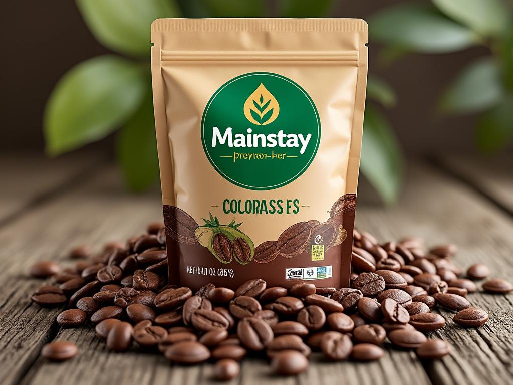 Bag of Mainstay premium coffee with scattered coffee beans on wooden surface, green plant in background.