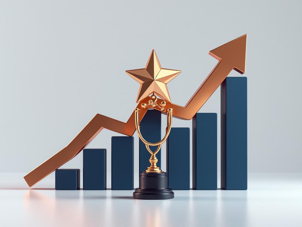 Gold trophy with star and upward trend arrow over bar chart, symbolizing success and growth.