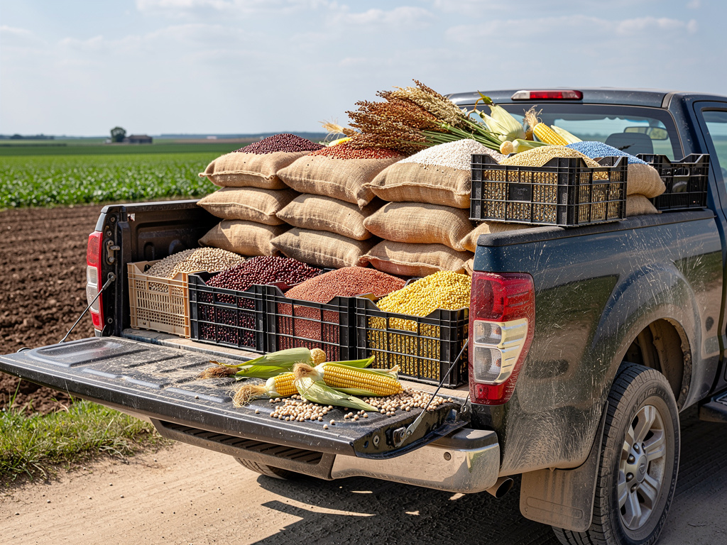 Modern African farm with tractors, crop fields, grain silos, storage sheds, trucks, and workers handling agricultural supplies