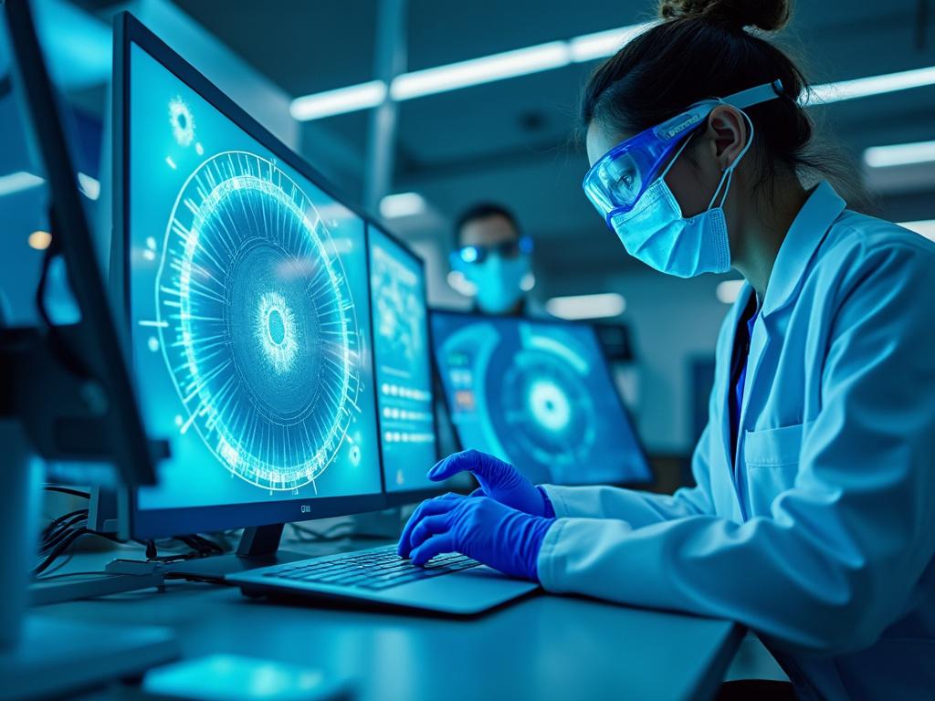 Scientist in laboratory analyzing data on futuristic digital interface screens, wearing protective mask and goggles.