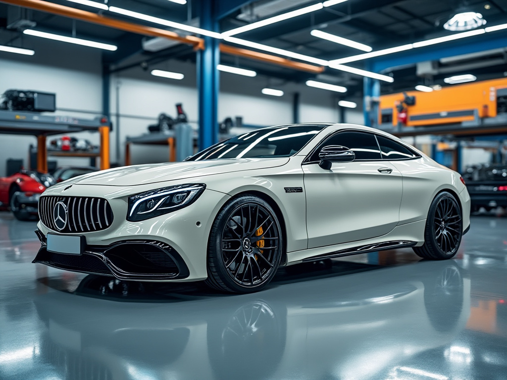 White sports car in a modern garage with bright lighting.