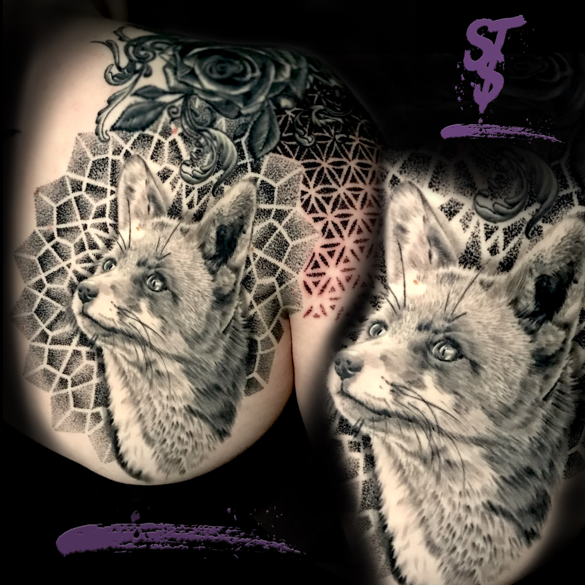 fox Fuchs cup shoulder Schulter Tattoo black white 