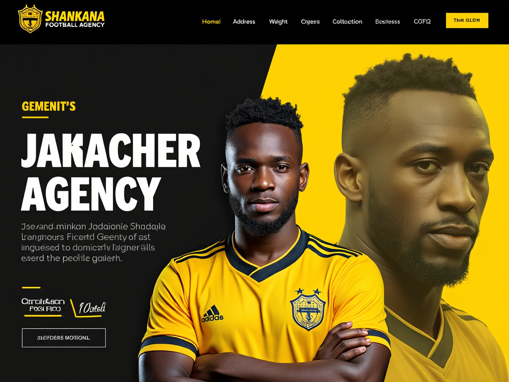 Promotional graphic for Shankana Football Agency featuring a soccer player in a yellow jersey with crossed arms, accompanied by branding and text elements on a black and yellow background.