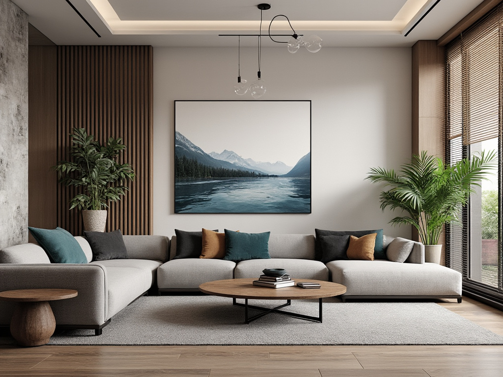 Sala de estar moderna com sofá cinza, mesa de centro redonda, plantas decorativas e quadro de paisagem.