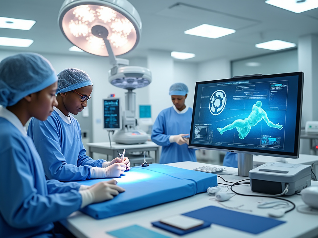 Surgical team in operating room with high-tech screen displaying human anatomy.