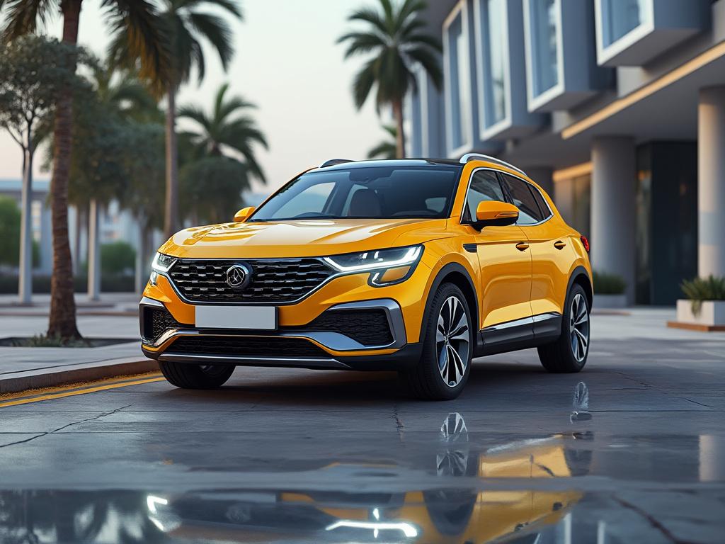 Yellow SUV parked on a modern street with palm trees and contemporary buildings in the background.