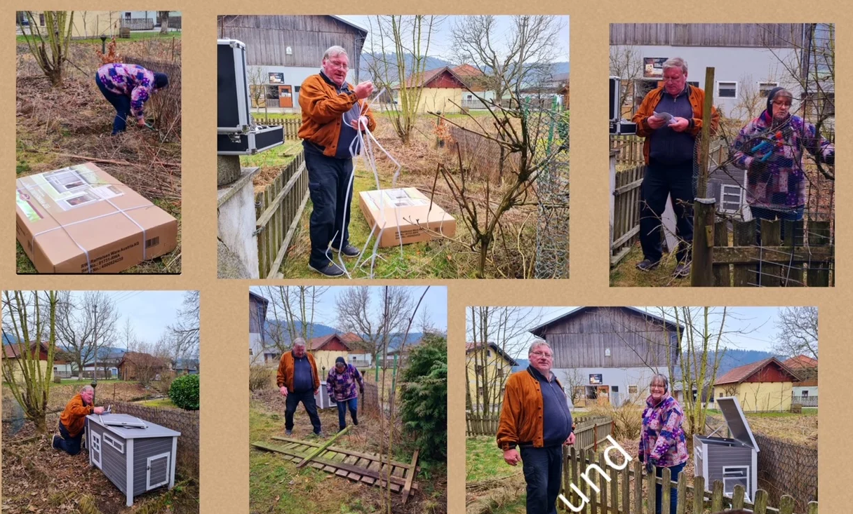 Sepp und Ingrid bauen ein neues Hühnerhaus auf.  