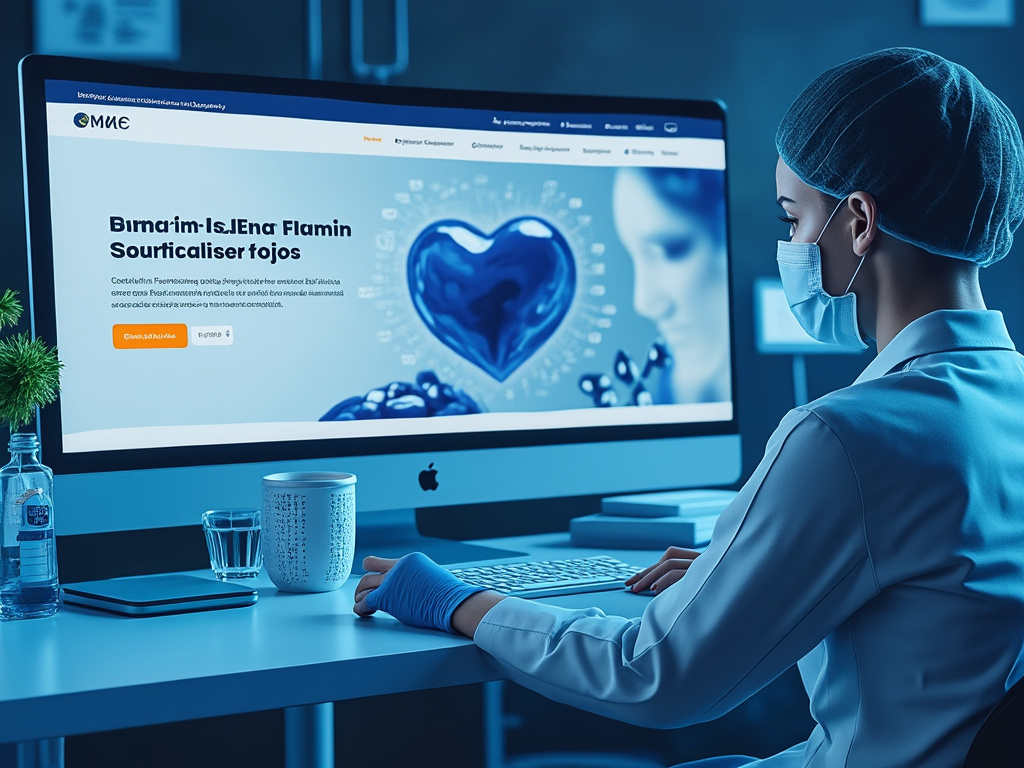 Healthcare professional wearing a mask and hairnet, sitting at a desk with a computer displaying a medical-themed website and a blue heart icon.