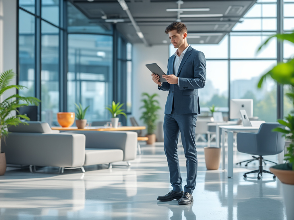 Man in a modern office holding a tablet, surrounded by plants and contemporary furniture, with large windows and natural light.