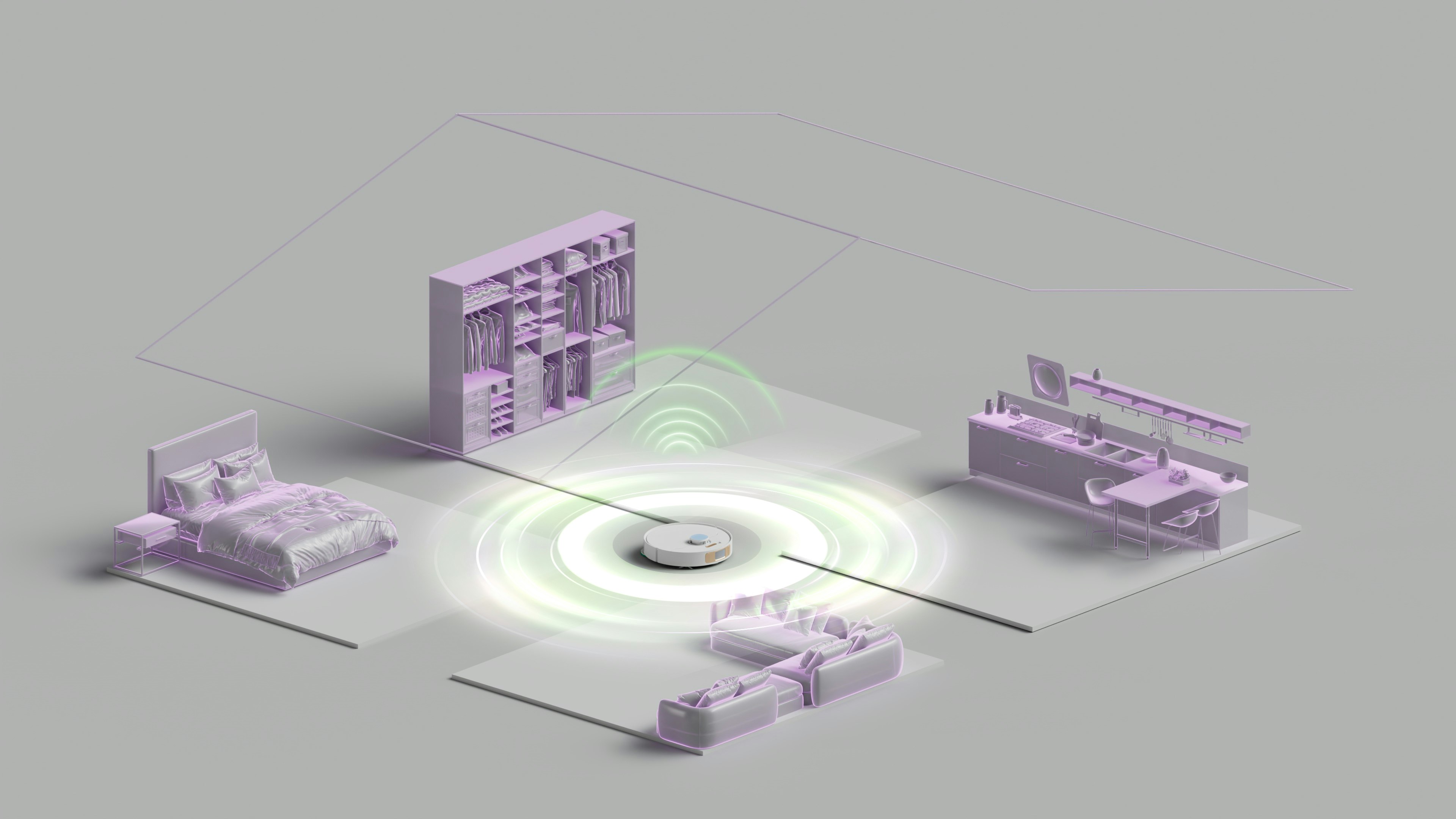 Image to represent rooms in a house - bedroom, office, kitchen, living space with a central object to represent a wifi broadcast 