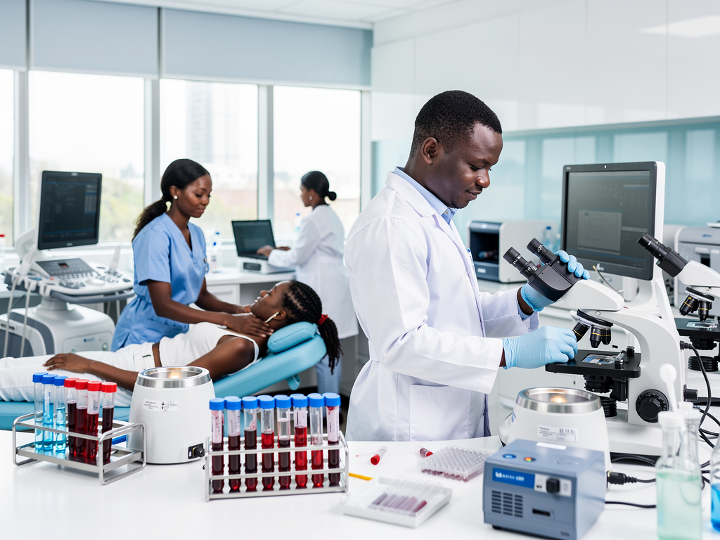 Medical laboratory with scientist using microscope, blood samples in test tubes, and healthcare staff examining patient in modern clinic
