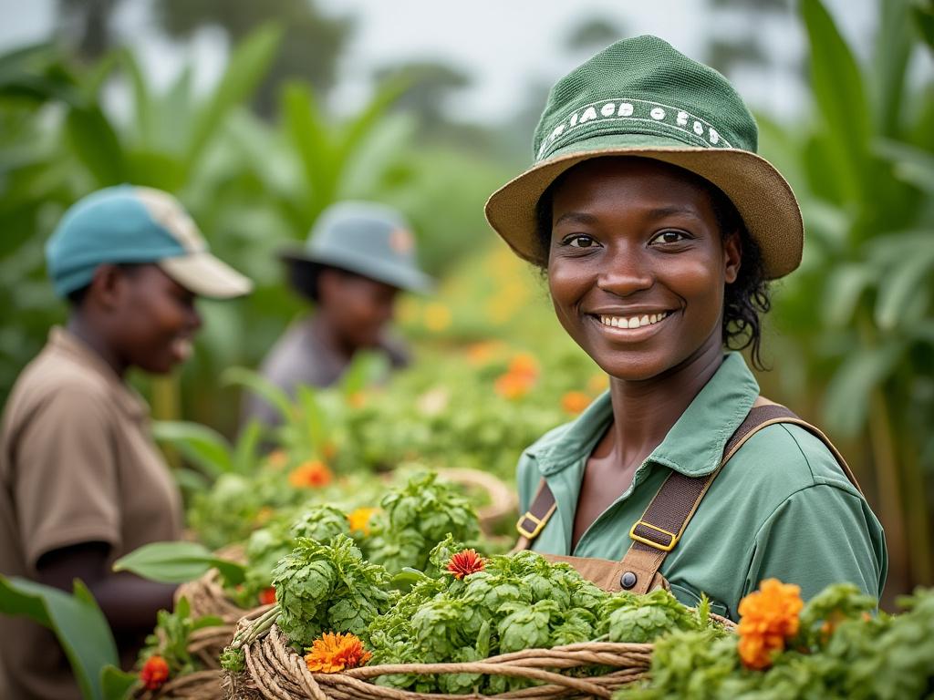 Smiling farmer holding a basket of fresh vegetables in a lush green field, with two other workers in the background.