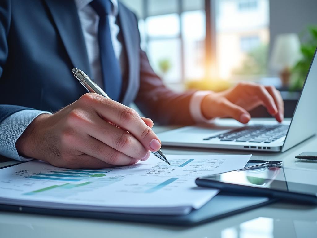 Homem de terno escrevendo em gráficos com caneta, laptop aberto ao fundo, simbolizando análise financeira.