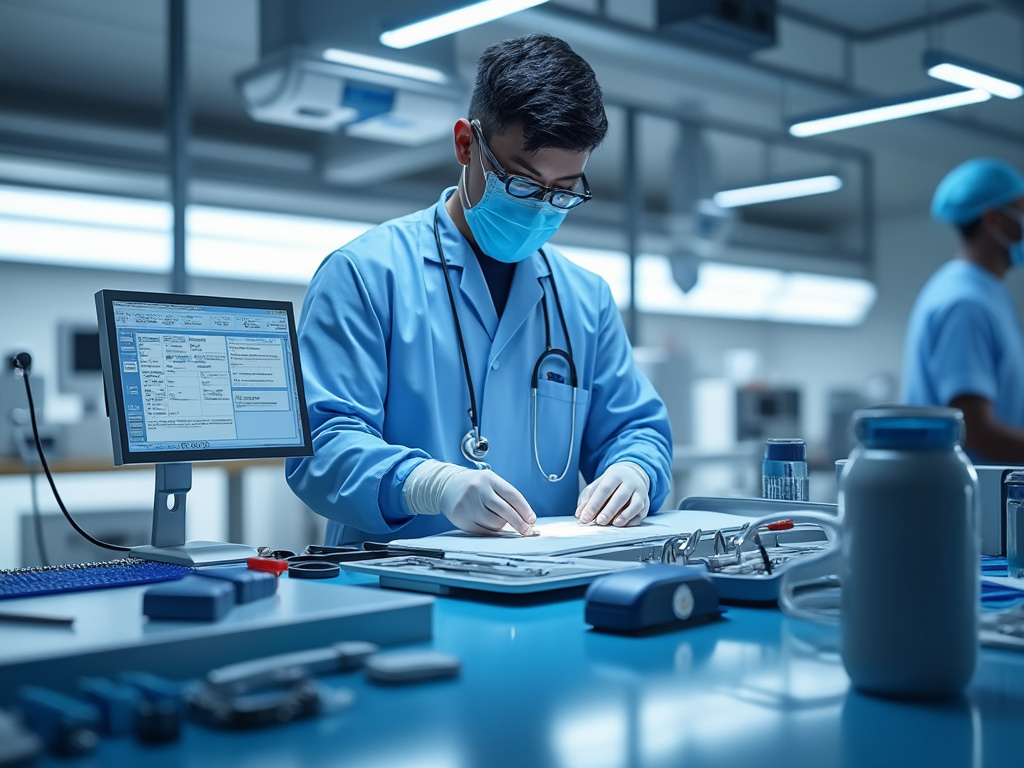 Medical professional in a lab coat and mask working at a laboratory station with equipment and a computer displaying data.