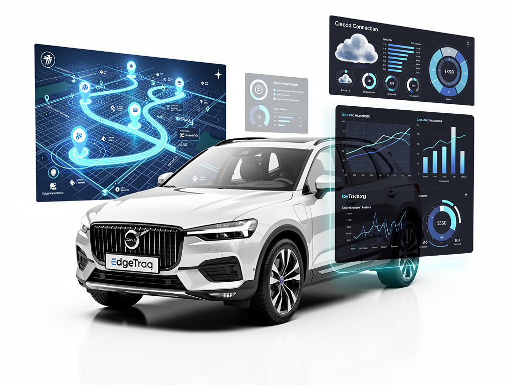 Fleet telematics software website and mobile app displayed on desktop, laptop, tablet, and smartphone screens
