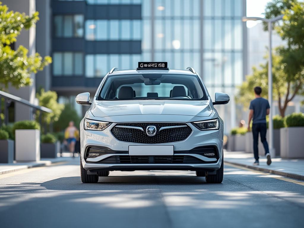 Carro prateado em rua urbana com edifícios ao fundo e dois pedestres ao longe.