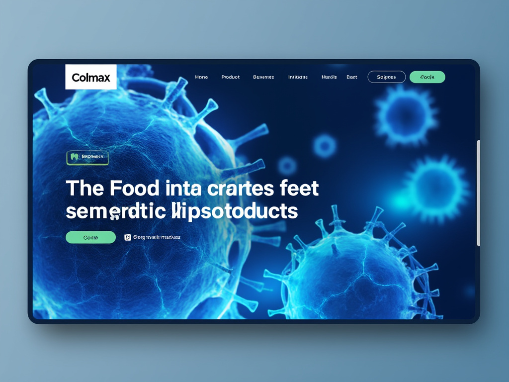 Digital illustration of a computer screen displaying a website interface with blue virus-like shapes and blurred text, titled 'Colmax'.