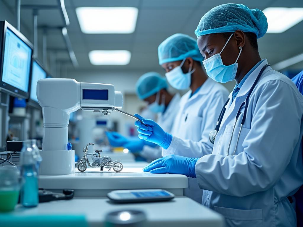 Scientists in lab coats and masks working with robotic equipment in a laboratory setting.