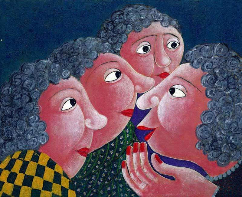 funny painting of a group of gossiping women by Welsh artist Muriel Williams