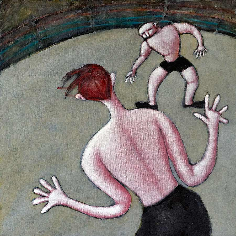 surreal painting of wrestlers by Muriel Williams