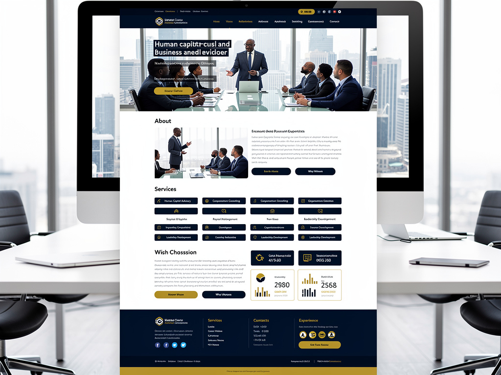 Corporate consulting website displayed on desktop monitor in modern office with business meeting imagery and services sections