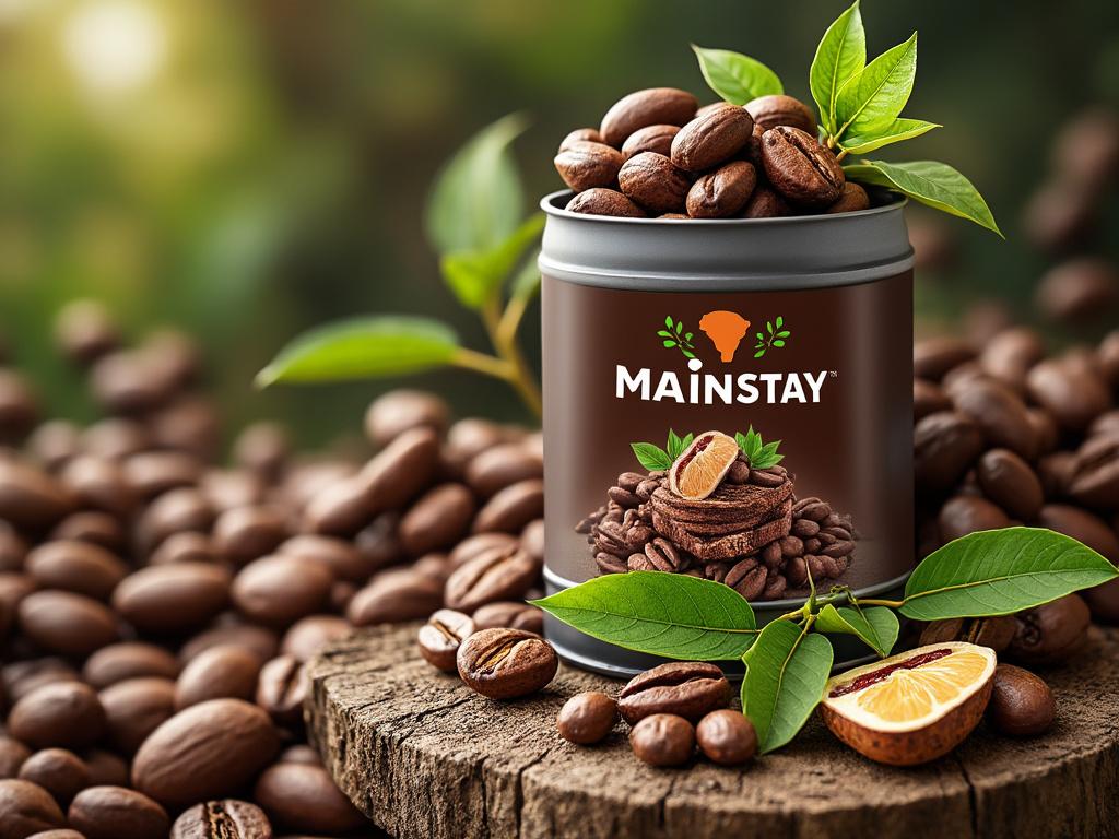 Coffee beans and leaves surrounding a Mainstay coffee tin on a wooden surface.