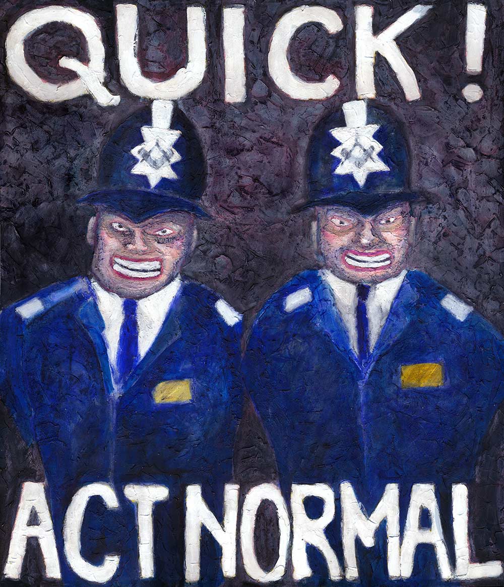 street art satirical image of two sinister police officers with creepy grins and masonic insignia