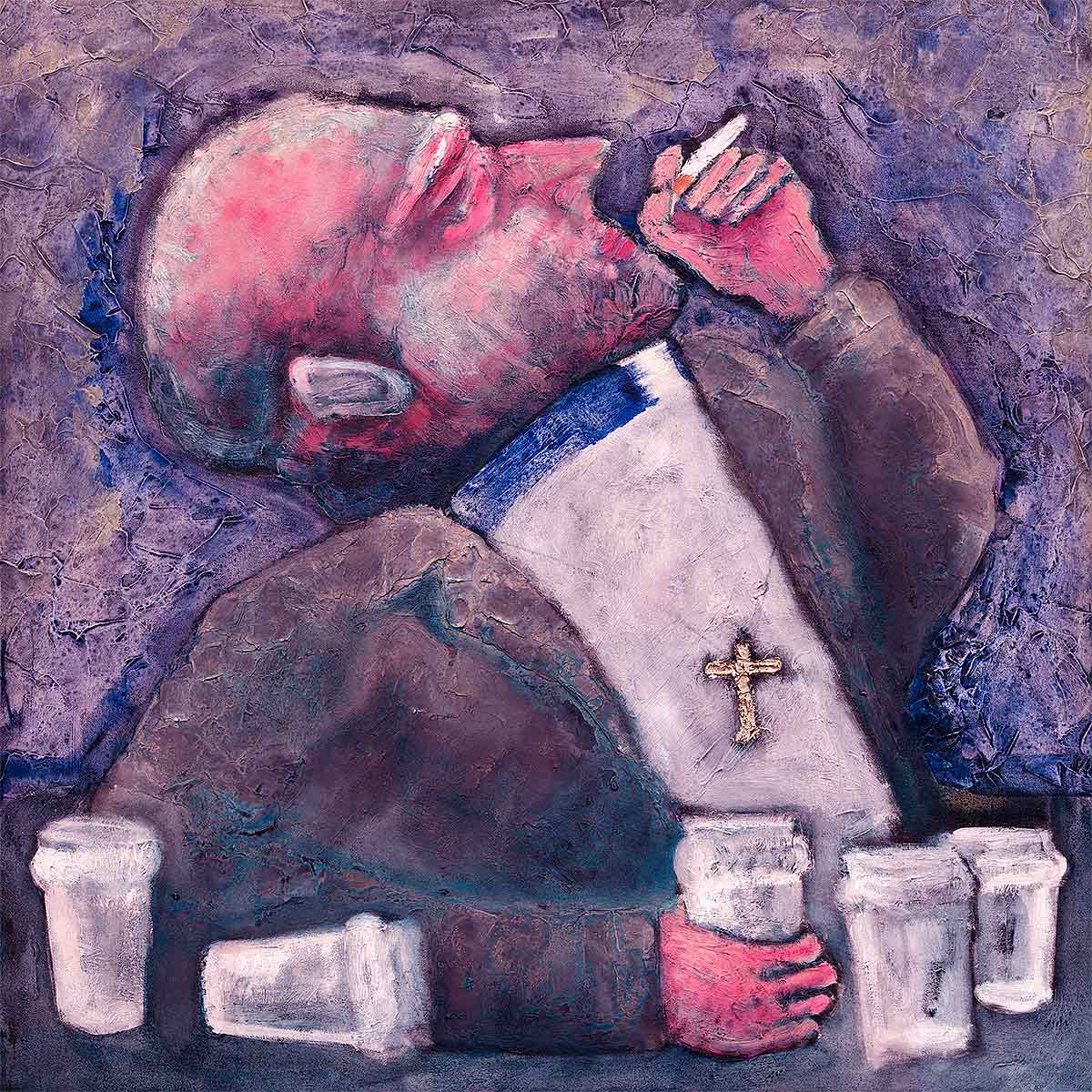 painting of a vicar smoking and drinking by Welsh contemporary artist Mark Lloyd Williams