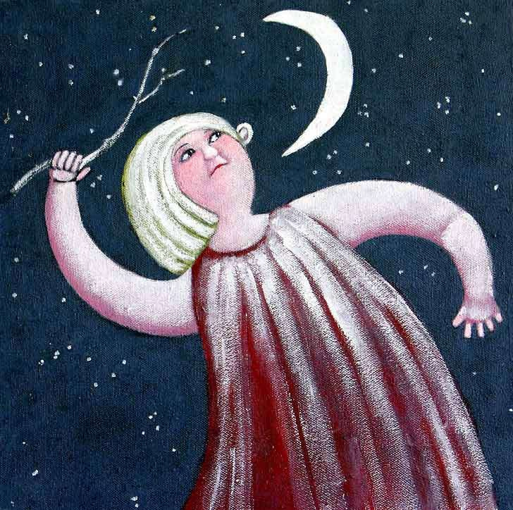 Nostalgic painting of a girl reaching for the moon with a stick by Welsh artist Muriel Williams