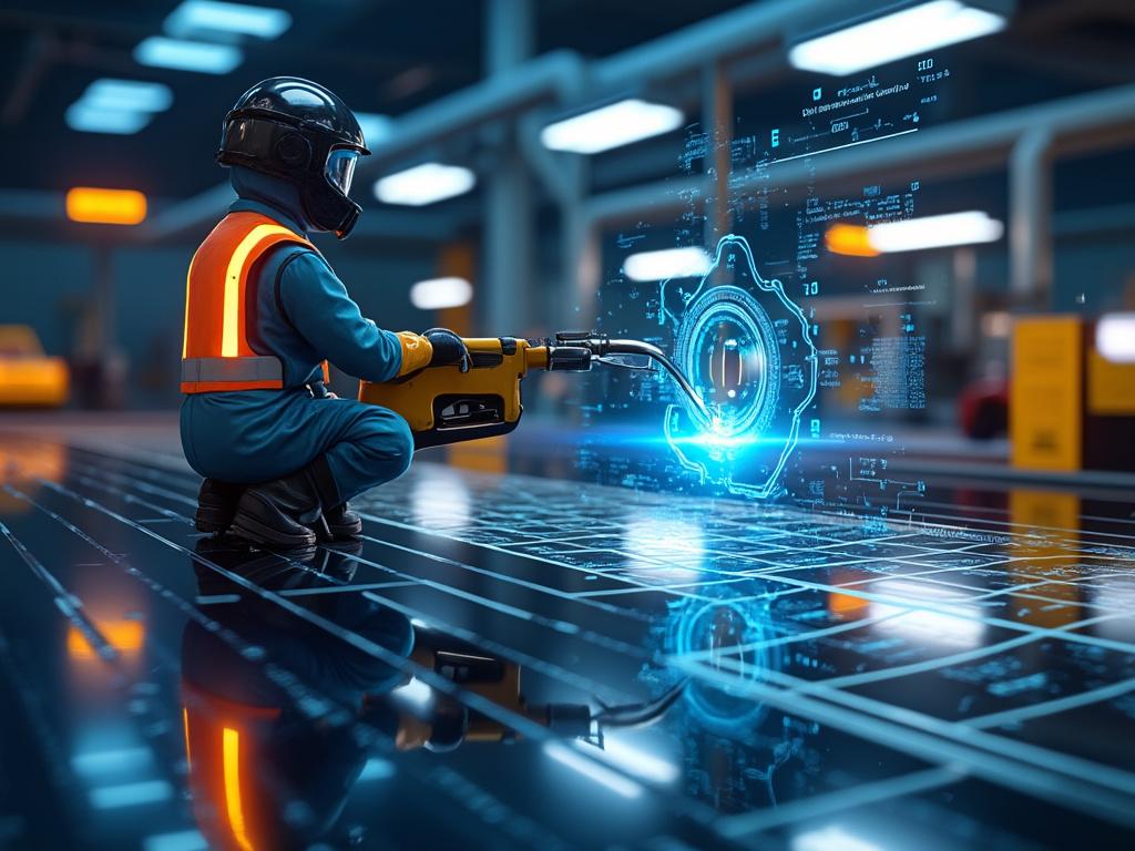 Technicien en combinaison de sécurité utilisant un outil de soudage futuriste avec hologramme lumineux dans une usine moderne.