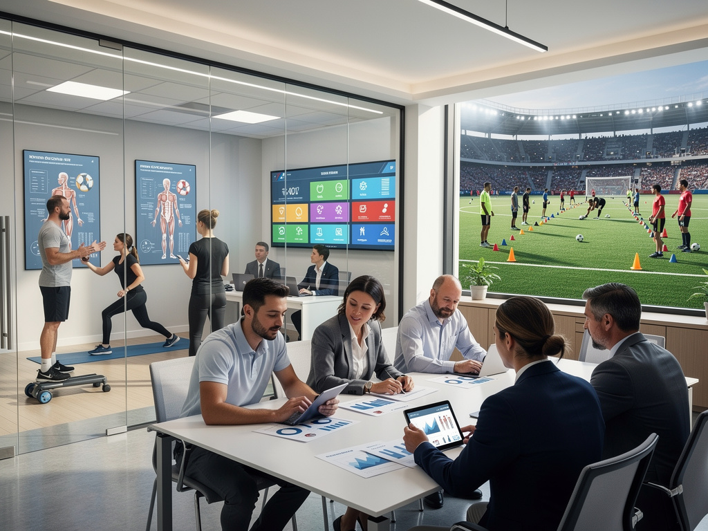 Centro moderno de medicina esportiva com equipe analisando dados, fisioterapia e treino de futebol em estádio
