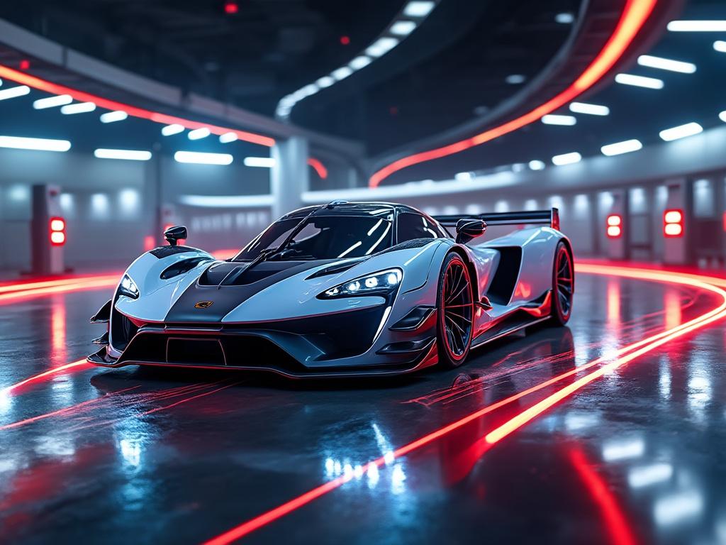 Futuristic sports car with sleek design and LED lights in an illuminated underground parking area. Futuristic sports car with sleek design and LED lights in an illuminated underground parking area.
