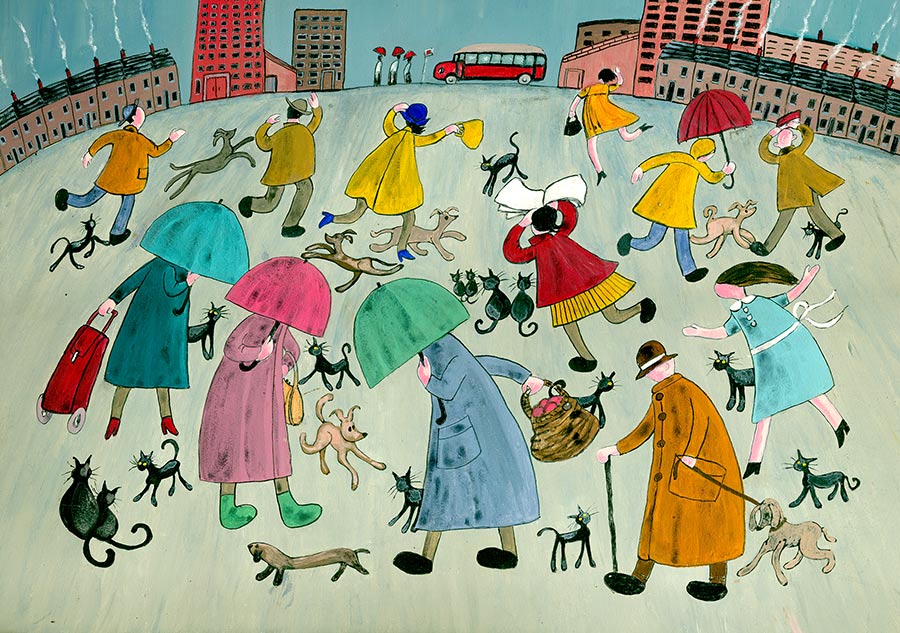 Nostalgic painting of people in a shower of rain with umbrellas in the style of Lowry