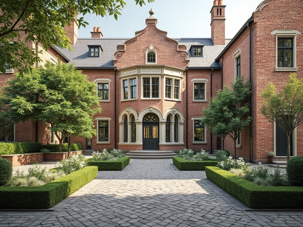 Elegant brick mansion with arched entrance, manicured gardens, and cobblestone driveway under a clear sky.
