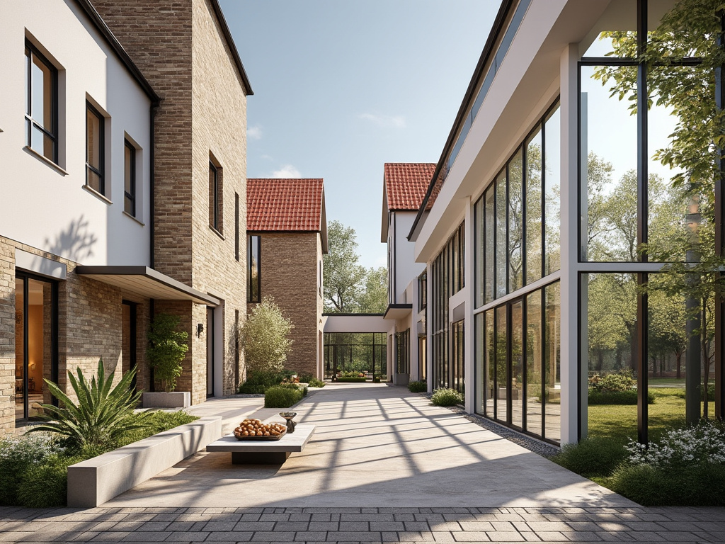 Modern courtyard with brick and glass buildings, lush gardens, and a central bench table in sunlight.

