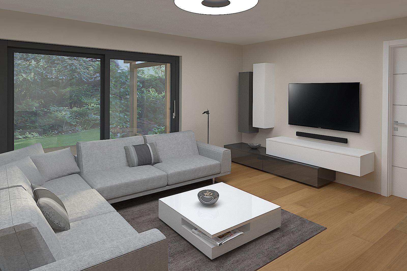Living area view featuring a multi-level TV cupboard and a coffee table with an interesting decorative piece on top