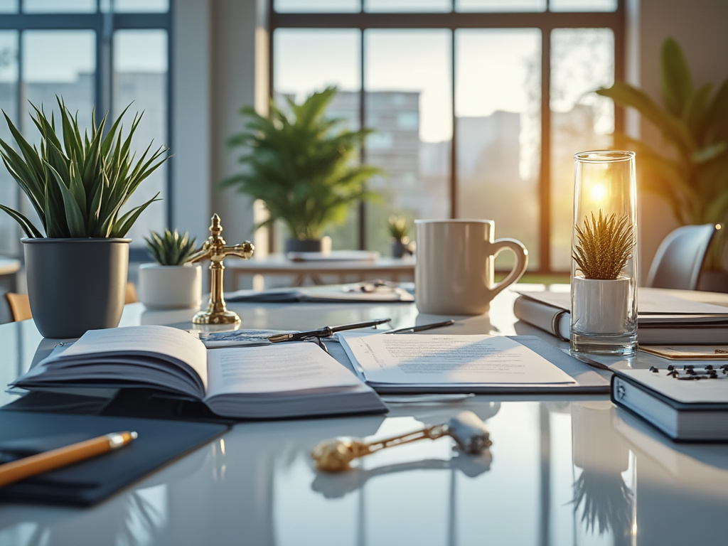 Sunlit office desk with potted plants, open notebook, coffee mug, and decorative items near large windows.