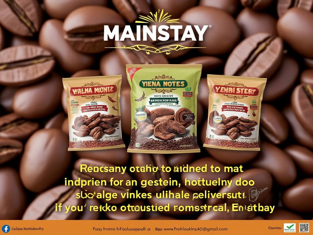 Three packages of coffee beans against a blurred coffee bean background with the brand name 'Mainstay' displayed prominently.