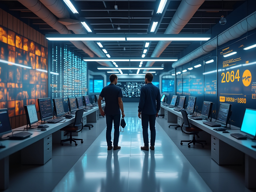 Two people walking in a modern, high-tech control room with multiple computer screens and digital displays.