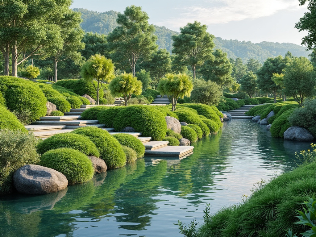Serene landscaped garden with reflective pond, manicured green shrubs, stone steps, trees, and distant forested hills Serene landscaped garden with reflective pond, manicured green shrubs, stone steps, trees, and distant forested hills
