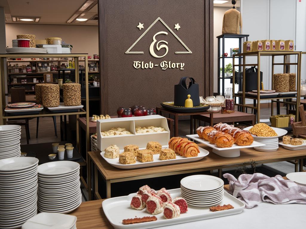 Assorted pastries and baked goods on display in a cozy bakery setting, featuring shelves with jars and decor under the 'Glob Glory' logo.