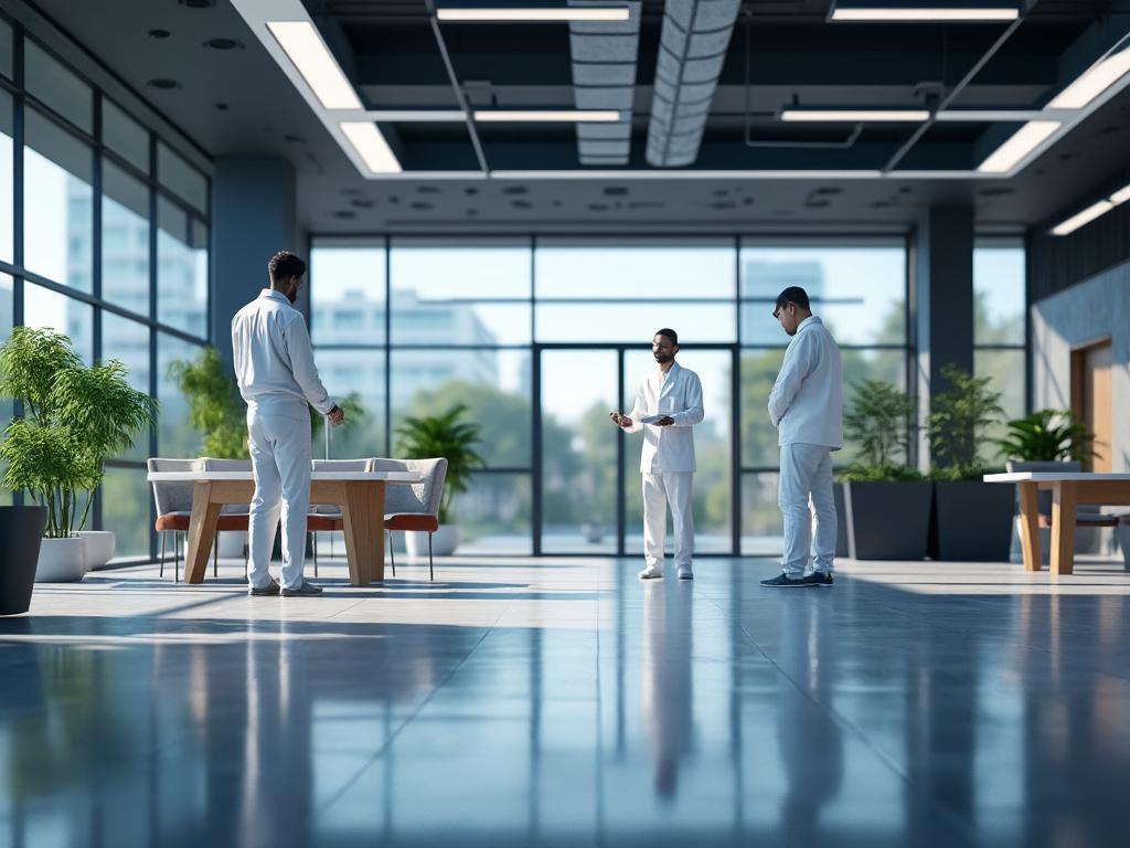 Three people in white attire having a discussion in a modern, spacious office with large windows and indoor plants.