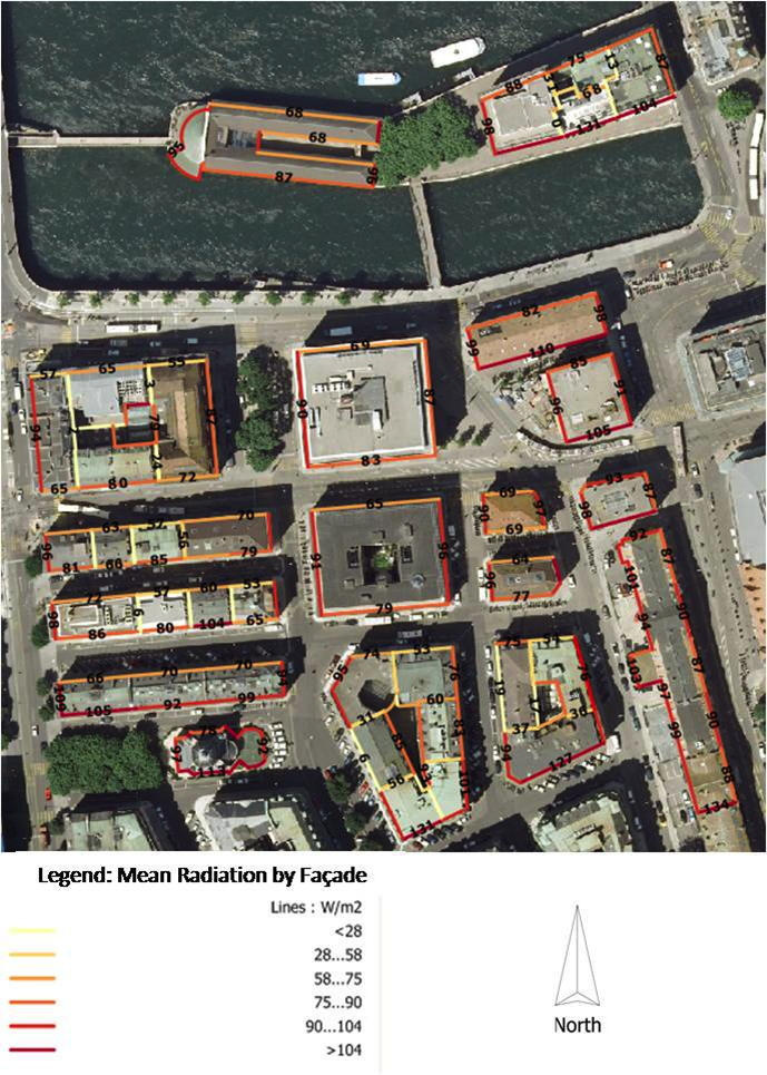 Solar irradiation on vertical urban surfaces: The mean solar irradiance collected by each facade on the second storey on December 10 at 12 PM, considering both beam and diffuse contributions (credits: Claudio Carneiro, Gilles Desthieux, Eugenio Morello)