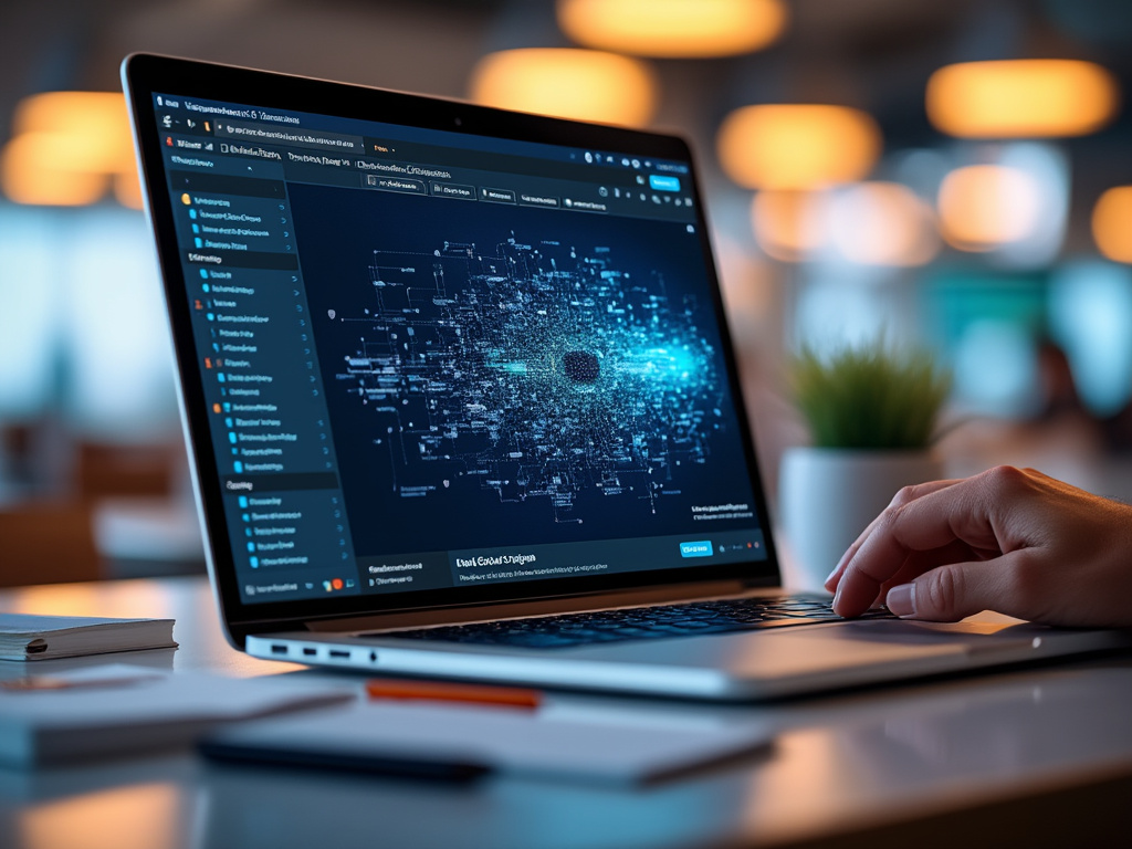 Person using a laptop with a data visualization displayed on the screen, located in a modern office setting with warm lighting.