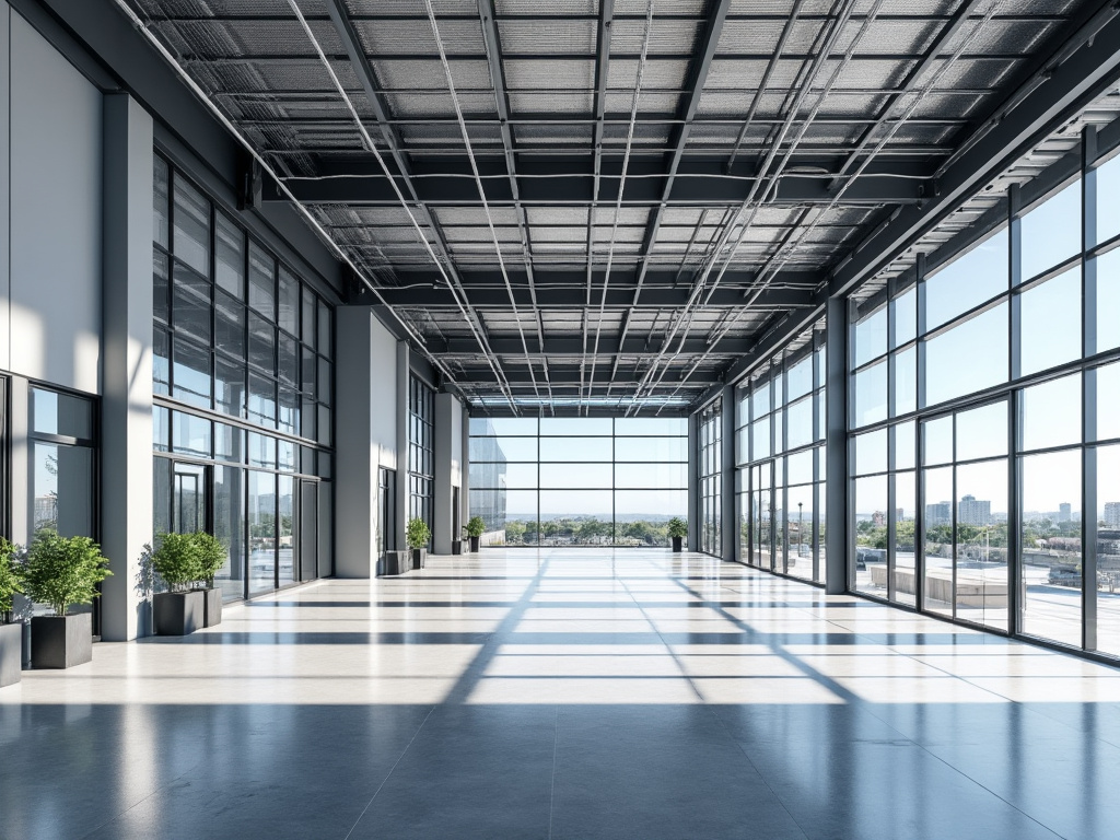 Interior moderno de prédio com janelas amplas, piso cinza e plantas decorativas.