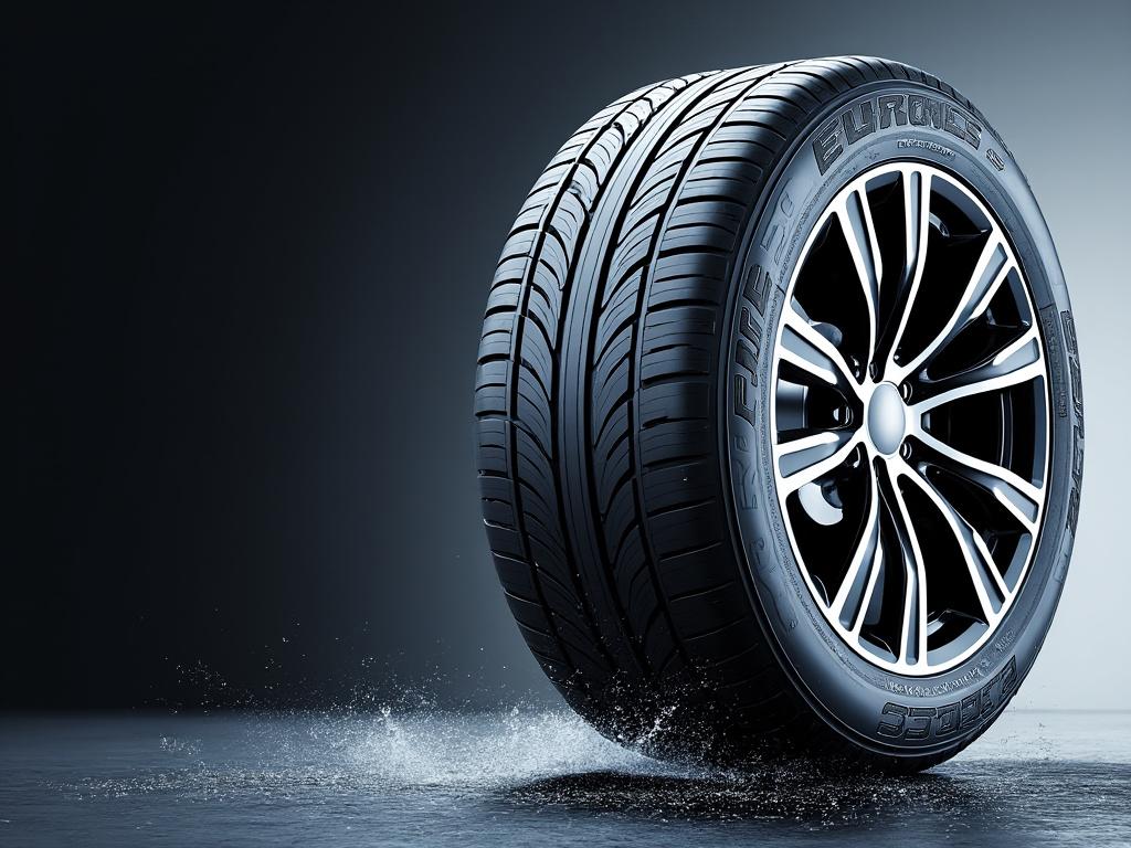 Close-up of a new Euronics car tire with water splashing beneath, highlighting its modern tread design against a dark background.